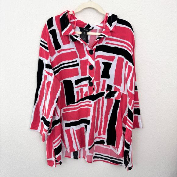 Ali Miles Womens Blouse Shirt Size 2X Artsy Abstract Flowy Office Black - Picture 1 of 7